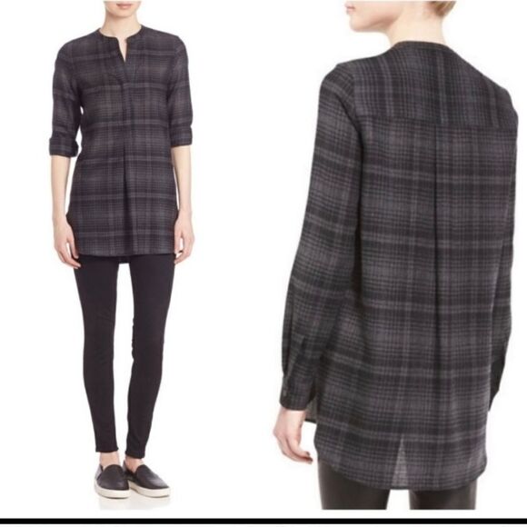 Theory wool popover shirt Orvinio Avalon plaid checkered tunic side pockets - Picture 2 of 15